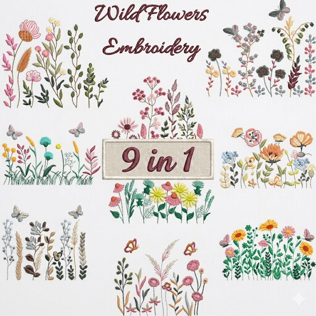 Wildflower Meadow Embroidery Design Bundle, Cottagecore Boho Floral