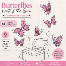 Butterflies in a Box Embroidery Design | Cute Pink Butterfly Machine Embroidery Pattern thumbnail 1