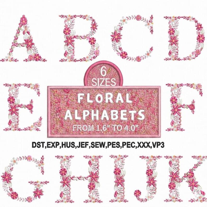 Floral Alphabet Embroidery Designs A-Z Uppercase Letters | 6 Sizes Instant Download