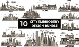 10 City Skyline Embroidery Designs Bundle, World Cities Machine Embroidery Files | Instant Download thumbnail 1