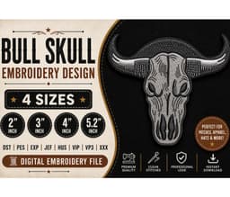 Bull Skull Embroidery Design, Western Cowboy Embroidery File, Longhorn Skull Digital Download thumbnail 1