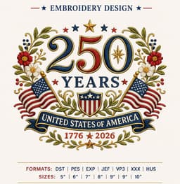 America 250 Celebration Embroidery Design | USA Flag Embroidery File 1776-2026 | Instant Download thumbnail 1