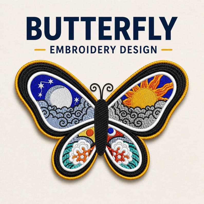 Celestial Butterfly Embroidery Design | Sun Moon Boho Machine File (Instant Download)