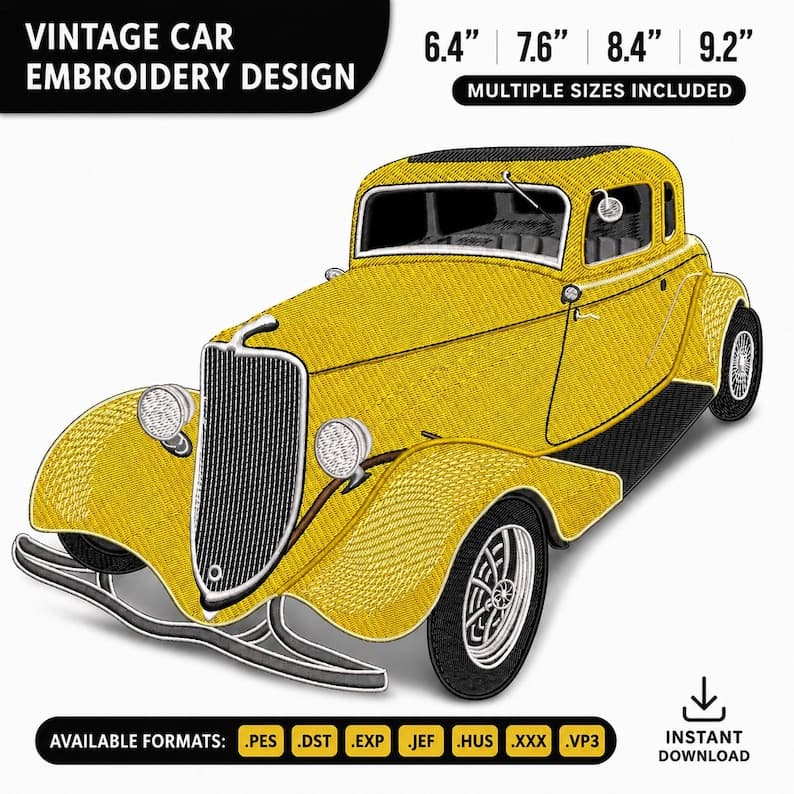 Vintage Car Embroidery Design | Classic Car Machine Embroidery File | Instant Download