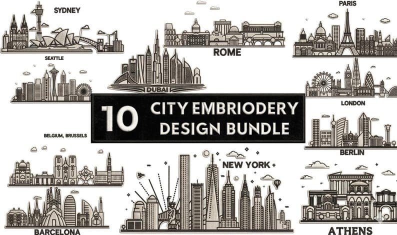 10 City Skyline Embroidery Designs Bundle, World Cities Machine Embroidery Files | Instant Download