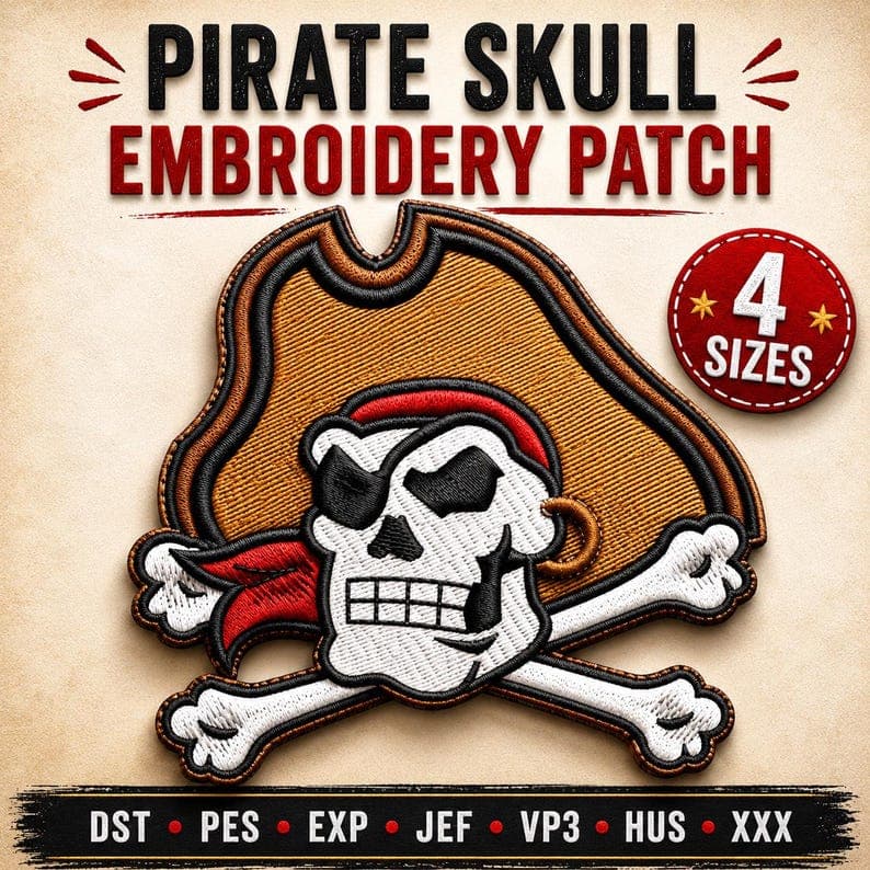 Pirate Skull Embroidery Patch, Jolly Roger Design, Anime Style (4 Sizes)