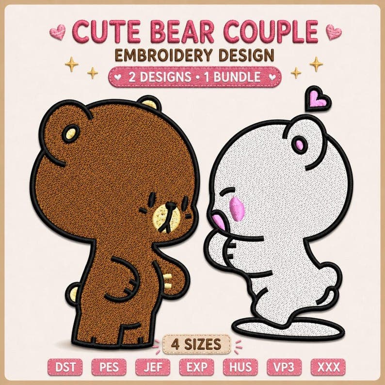Bear Couple Embroidery Design, Chibi Teddy Bear Love Pattern (Instant Download)