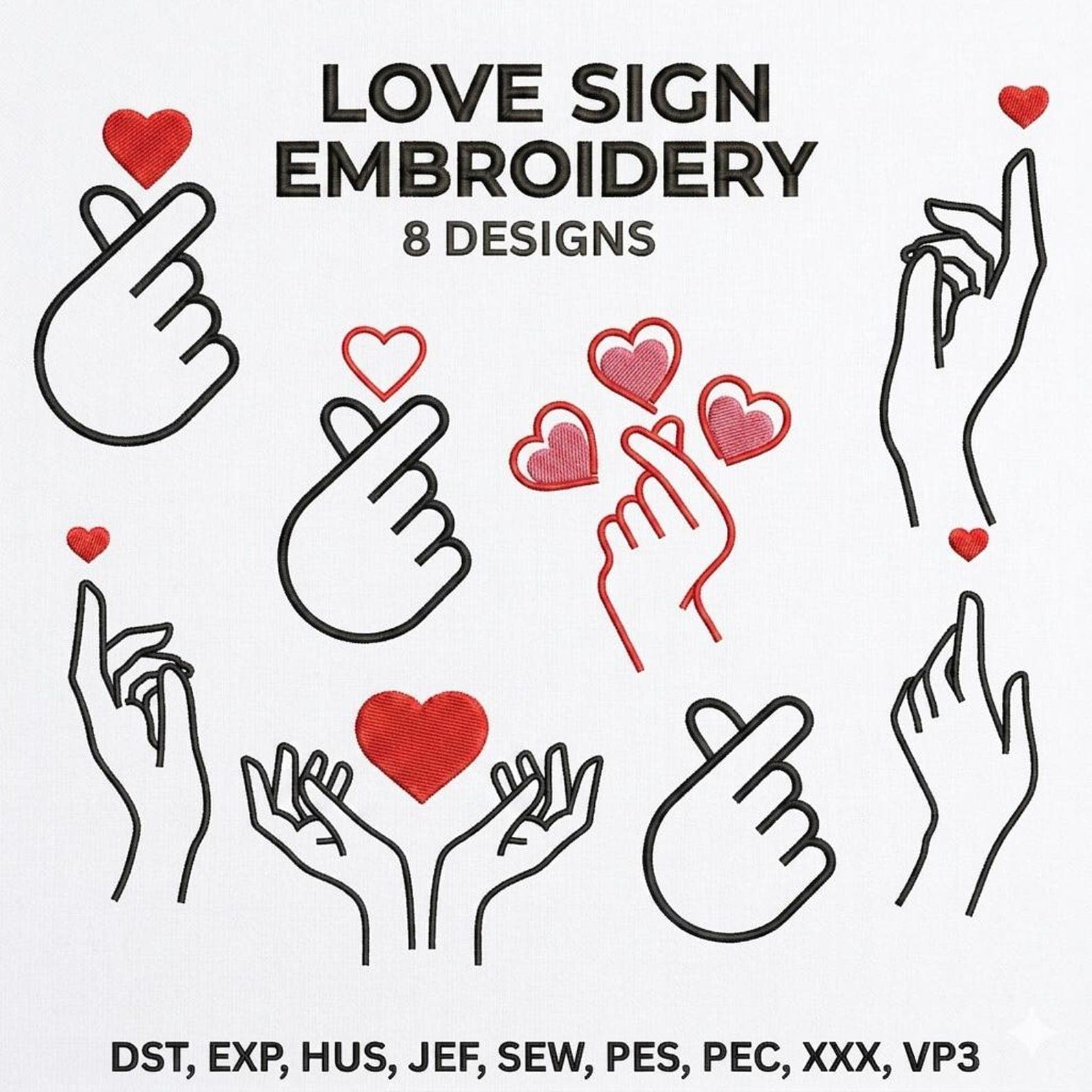 Korean Finger Heart Embroidery Designs Bundle, 8 Styles (Instant Download)