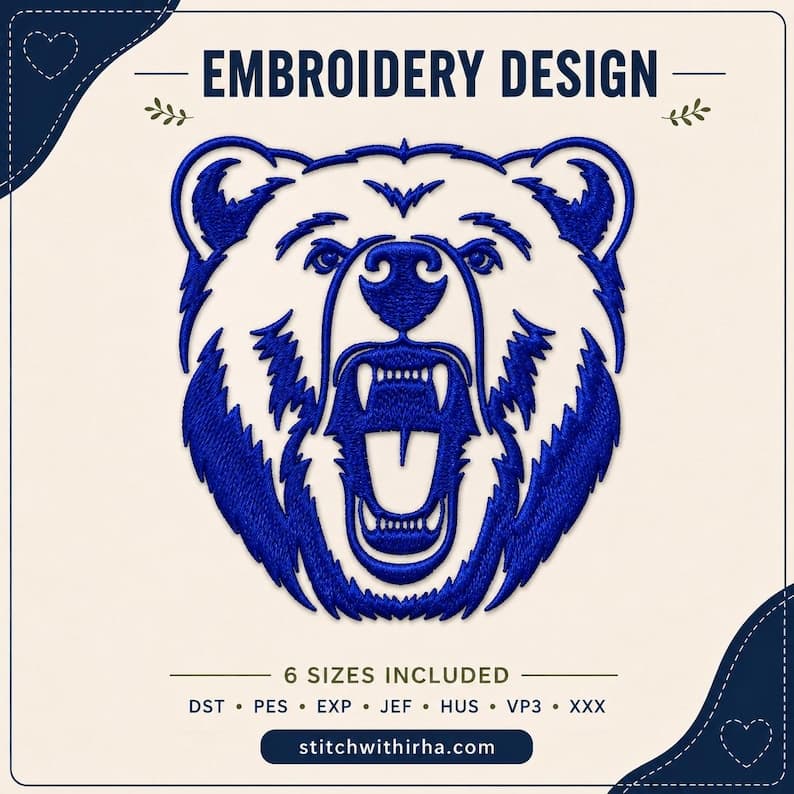 Bear Head Embroidery Design, Embroidery Pattern, Animal Embroidery | 6 sizes