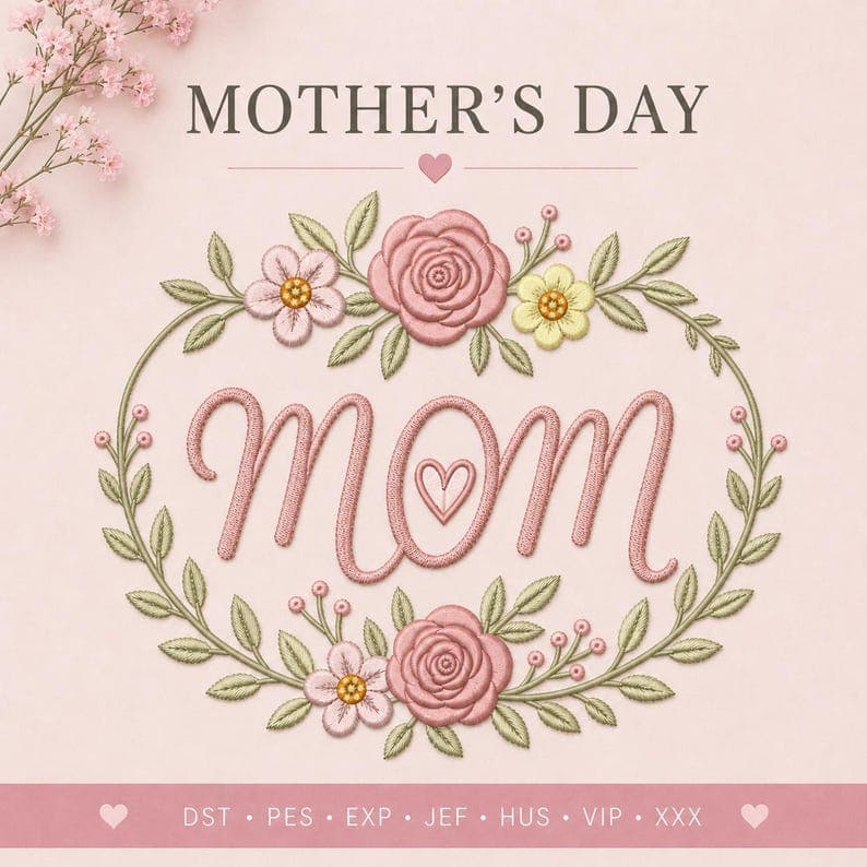 Mom Embroidery Design – Mother’s Day Floral Wreath Appliqué, 4 Sizes, Instant Download