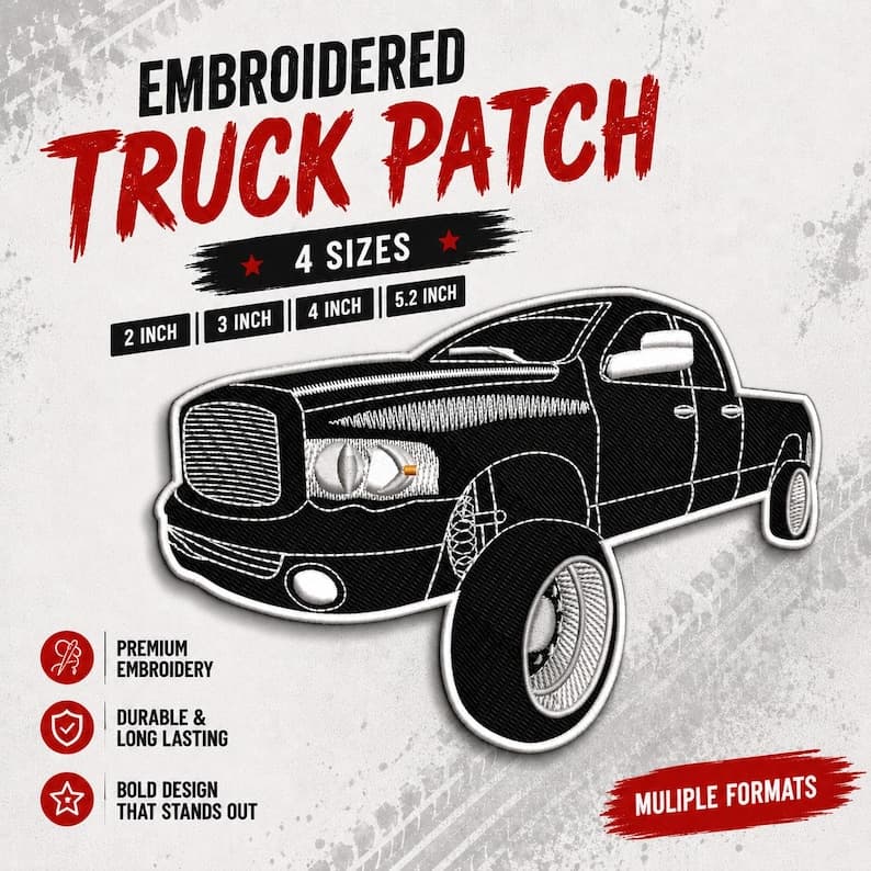 Black Pickup Truck Embroidered Patch, Iron On Sew On Applique | Truck Lover Gift | Instant Downlaod
