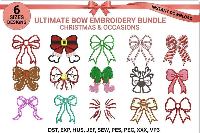 Christmas Bow Embroidery Designs Bundle, Coquette Ribbon Machine Files (Instant Download)