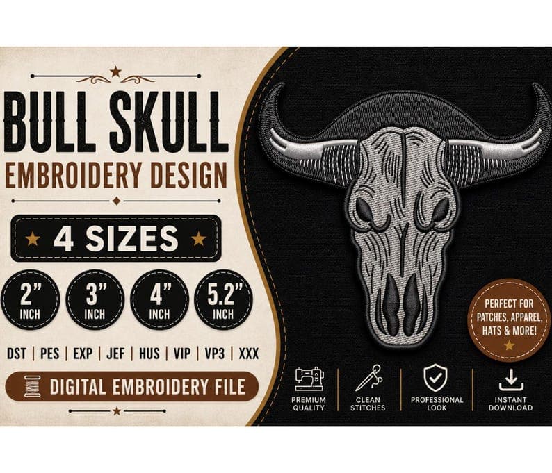 Bull Skull Embroidery Design, Western Cowboy Embroidery File, Longhorn Skull Digital Download