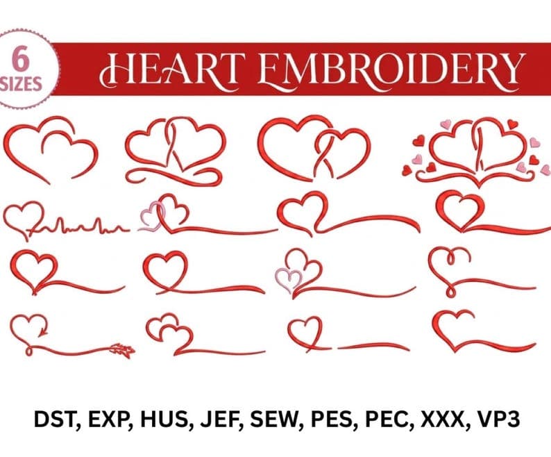 Heart Embroidery Design Bundle, Valentine Line Art, Love Styles (Instant Download)