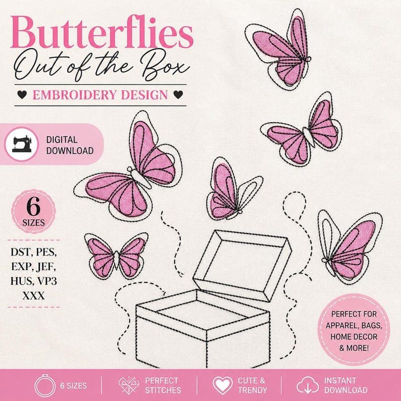 Butterflies in a Box Embroidery Design | Cute Pink Butterfly Machine Embroidery Pattern