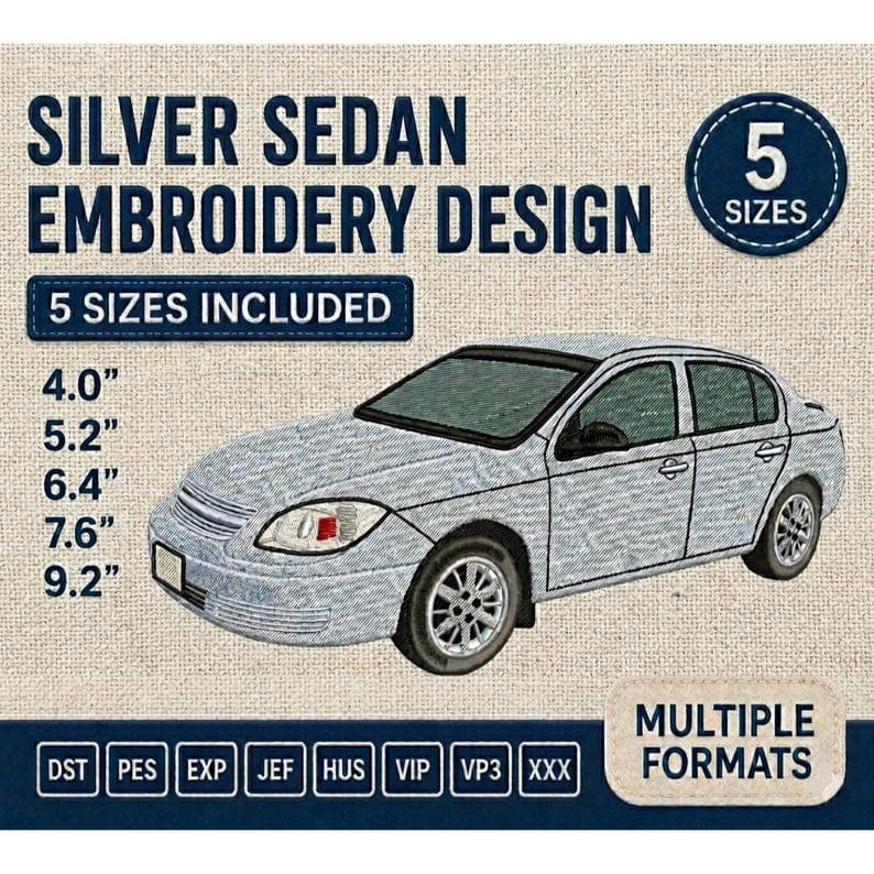 Silver Sedan Car Embroidery Design | Realistic Car Machine Embroidery Pattern | Instant Download
