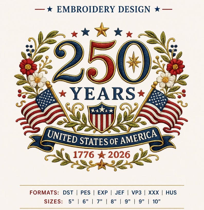 America 250 Celebration Embroidery Design | USA Flag Embroidery File 1776-2026 | Instant Download