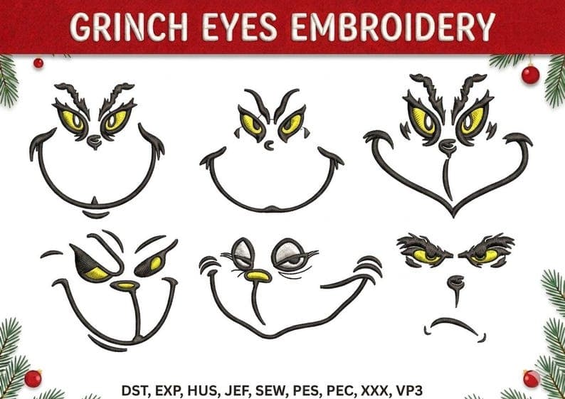 Grinch Face Embroidery Design Bundle | Christmas Machine Embroidery Files (Digital Download)