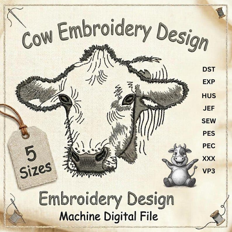 Cow Face Embroidery Design, Farm Animal Applique, 5 Sizes (Digital Download)